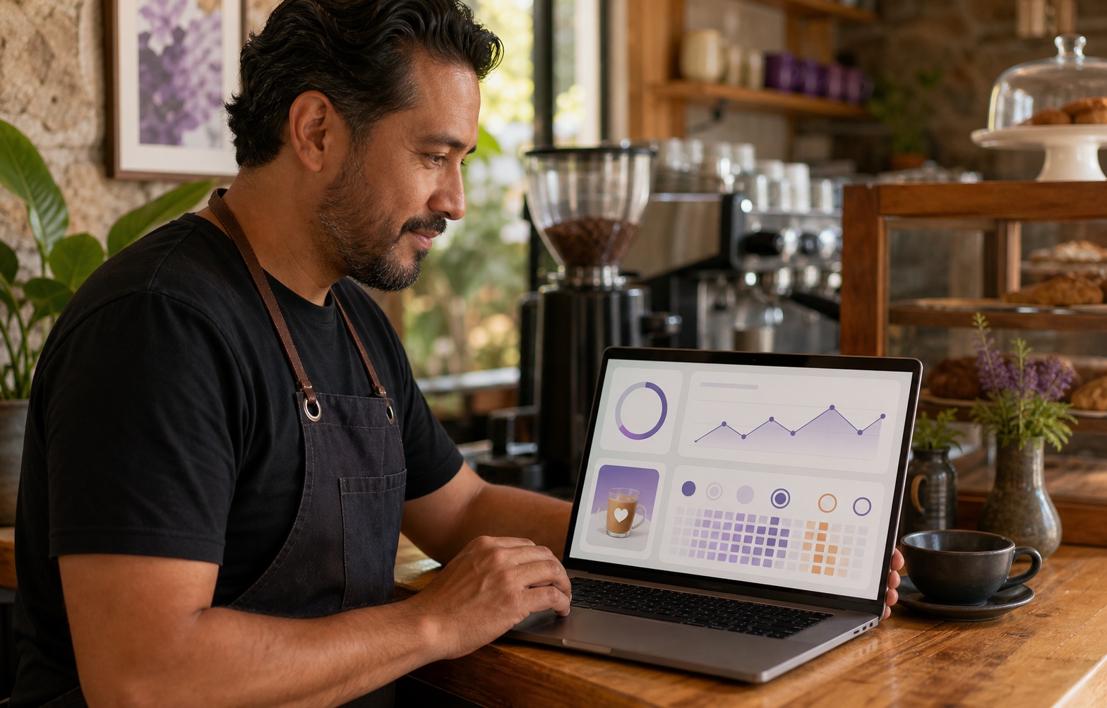 Dueño de cafetería revisando información de su negocio